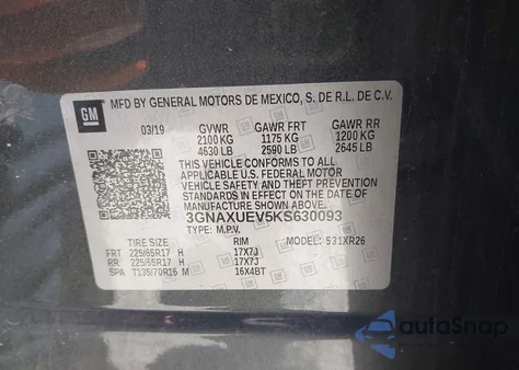 2019 Chevrolet Equinox Lt z USA, uszkodzony, nr VIN 3GNAXUEV5KS630093
